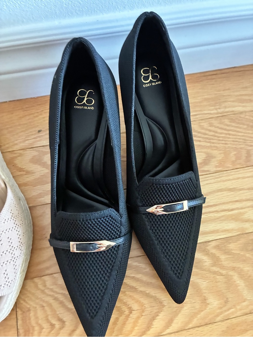 Cozy Island Women's Black Pointed Toe Heels with Gold Accent